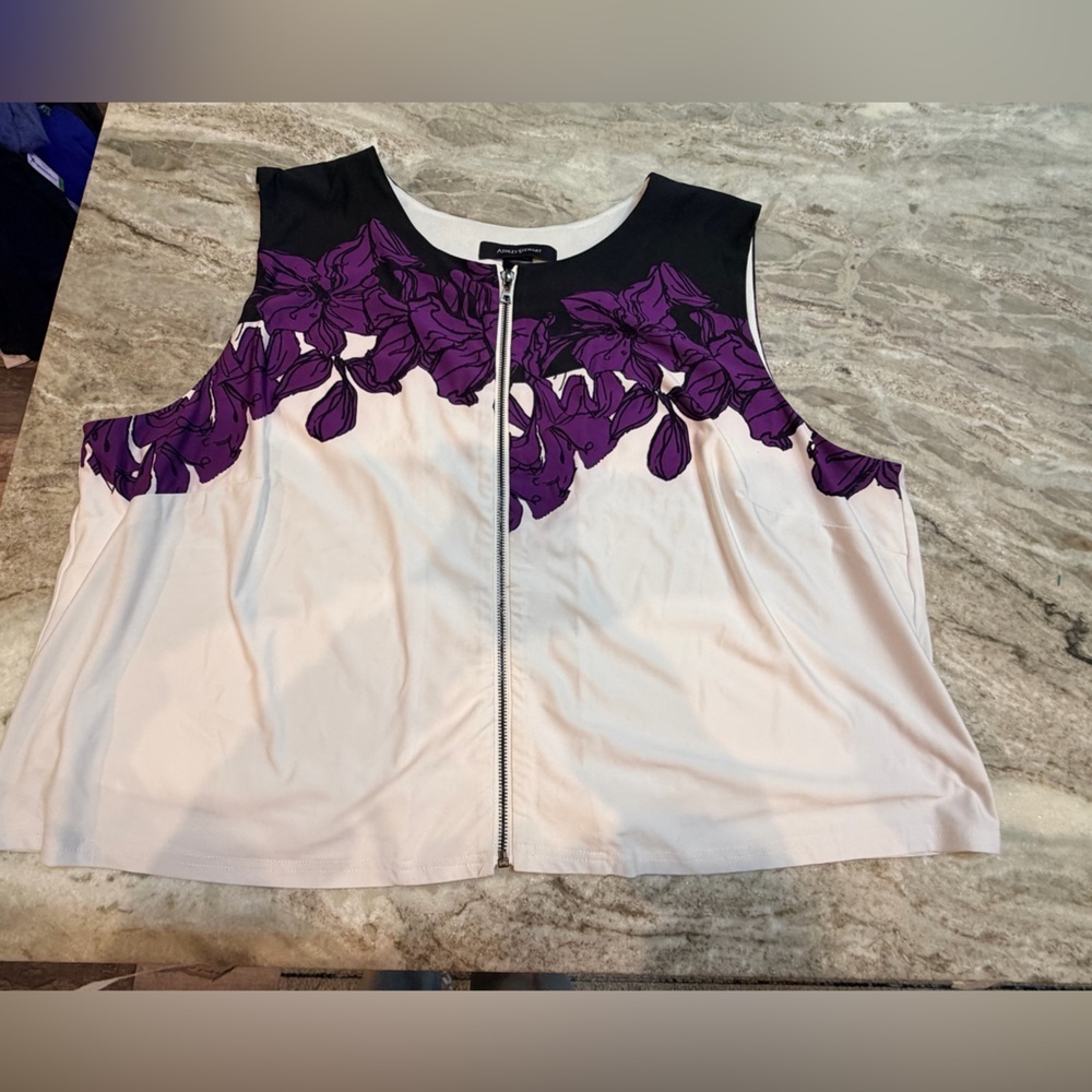 Ashley Stewart Sleeveless Zip-Front Floral Top Black White Purple Size 26/28